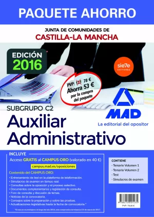 PACK AHORRO AUXILIAR ADMINISTRATIVO JUNTA CASTILLA LA MANCHA JCCM 2016 MAD