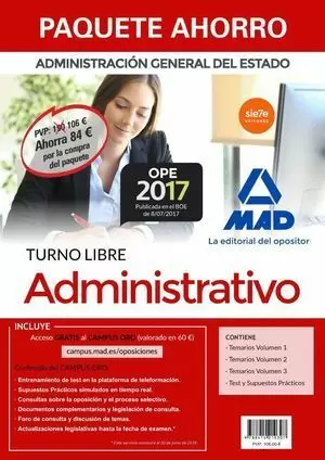PACK AHORRO ADMINISTRATIVO DEL ESTADO INCLUYE TEMARIOS 1, 2 Y 3; TEST Y SUPUESTOS PRÁCTICOS