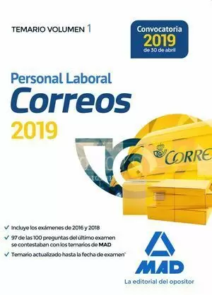 PERSONAL LABORAL DE CORREOS Y TELÉGRAFOS. TEMARIO VOLUMEN 1. MAD 2019