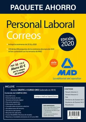 PAQUETE AHORRO PERSONAL LABORAL CORREOS 2020. AHORRA 65  (INCLUYE TEMARIOS 1 Y